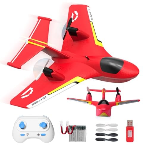 Fremego RC Flugzeug für Wasser, Land und Luft,2.4GHz Glider Ferngesteuertes Flugzeug mit 2 Batterien und Licht,2CH Kampfflugzeug Modell Spielzeug für Kinder Anfänger (Rot)