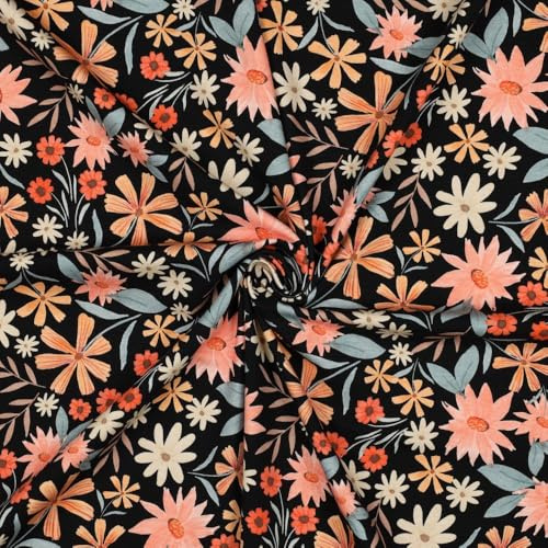 Baumwolljersey FLOWERS – Digitaldruck Jersey Stoff Meterware – schwarz – ab 50 cm – OEKO-TEX® Klasse 1 – 148 cm breit – 95 % Baumwolle 5 % Elasthan – ca. 200 g/m²