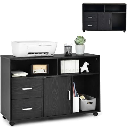 KOMFOTTEU Aktenschrank mit Rollen, Rollcontainer mit 2 Schubladen, 3 offenen Fächern und 1 Türschrank, Büroschrank Schwarz, Bürocontainer 104 x 35 x 65,5 cm