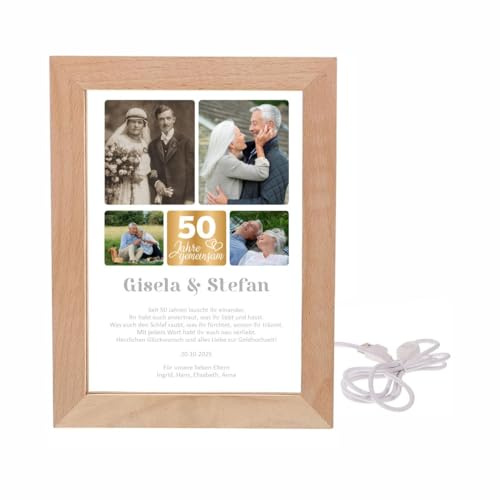 Beleuchteter LED-Rahmen| Acrylglas & Holz - Personalisierte Acrylglas mit Fotos und Text – Ideal für Hochzeit, Geburtstag, Jubiläum und Weihnachten (Goldene Hochzeit)