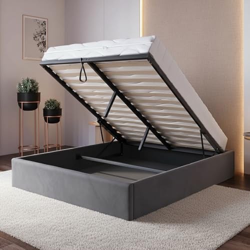 Home Collective Polsterbett, 120x200/140x200/160x200 Stauraumbett, Schlafzimmerbett, Bett mit Stauraum Lattenrost Metallrahmen Samtpolsterung Doppelbett platzsparend ohne Kopfteil 140x200 cm | Graphit