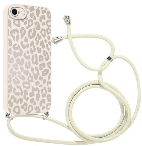 Coalbooliy Handyband Handyhülle für iPhone SE 2022/SE2020/7/8 Hülle 4,7'' mit Band Kette, Aesthetic Leo Leopard Leoprint Muster Silikon Weiß Case mit Kordel zum umhängen Schutzhülle Mädchen Cover, 03