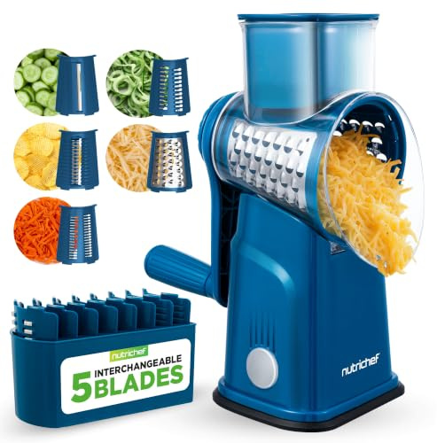 Nutrichef Râpe à Fromage 5 en 1 avec Base à Succion Forte – Râpeuse Rotative avec Verrou de Sécurité, Manivelle et 5 Lames Tambour pour Textures Fine, Moyenne, Épaisse, en Bandes et Tranches