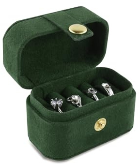 AfitLulu Ringbox Mini Ringschatulle Reisen Ring Aufbewahrung Pu-Leder Ringkästchen mit 4-Ringschlitze, Schmuckkästchen Ringe Tragbar Ring Schachtel für Reisen Geschäftsreisen (Grün-Samt)