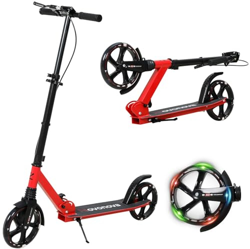 Novonova 200mm LED Big Wheel Scooter NV-D001BA mit Leuchtrollen - Klappbarer Cityroller für Kinder ab 9 & Jugendliche (125-175cm), Federung & Doppelbremse, Tretroller bis 100kg, Grau/Rot/Blau