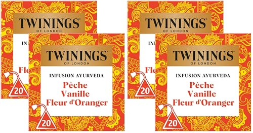 Twinings - Assortiment Découverte Ayurveda - Infusion Pêche Vanille Fleur d'Oranger - 40 Sachets - à Déguster Chaud ou Froid (Lot de 2)