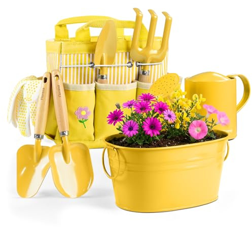 Floraxa 8-teiliges Garten-Set für Kinder mit Metallkorb – STEM-Outdoor-Set, ergonomische Holzgriffe, 3 Schaufeln, Rechen, Gießkanne, Handschuhe – Geschenk für Kleinkinder (Jungen & Mädchen), Gelb