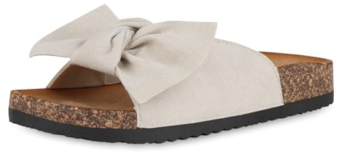 VAN HILL Damen Pantoletten Flach Schleifen Bequem Schuhe 215502 Beige 42