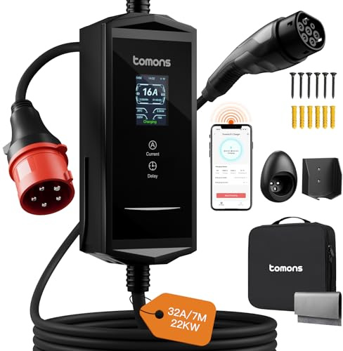tomons Mobile Wallbox 22kw mit APP 7M,2,4 LCD-Display,3-Phasen|6-32A | Typ 2 Ladekabel | 400V CEE Stecker | IP65 | alle Typ-2 EV/PHEVs | inkl. Wandhalterung|Einstellbarer Ladeleistung&startzeit