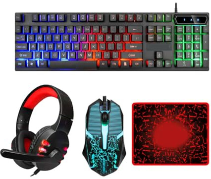 Uonlytech Wired USB Keyboard Mouse Headset Combo with Rgb Backlit Mouse Pad Ergonomic Gaming Keyboard Set for Home Office and Laptop Accessories
