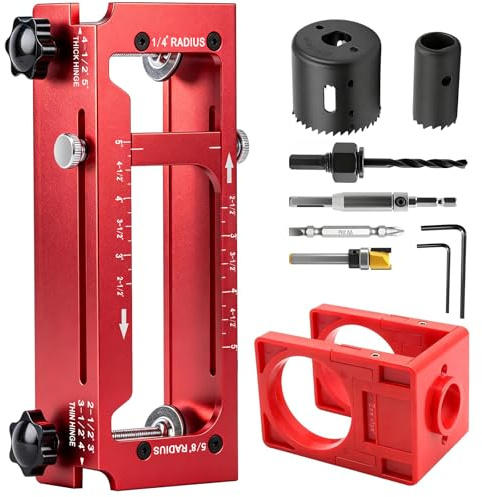 Door Hinge Jig & Door Lock Installation Kit, Aluminum Alloy Mortise Template for 2.5-5 Hinges, Fits 1/4 & 5/8 Radius and Square Hinges, Adjustable for 1-3/8 to 1-3/4 Doors (Red)