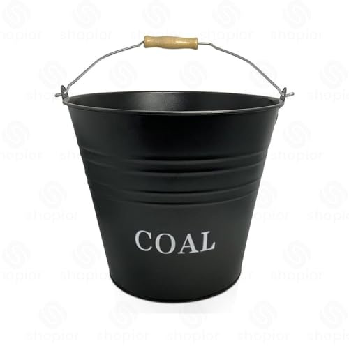 12L with Lid, Brush & Shovel – Steel Coal Holder with Wooden Handle for Fireplace, Fire Pit, BBQ, Wood Burning Stove & Hearth – Bin Storage Container (Coal 12L-29 x 21 x 26.5cm)