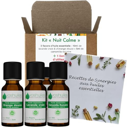 VOSHUILES - Kit Nuit Calme - 3 Huiles Essentielles Bio - 100% Pure et Naturelle - HEBBD, Ecocert - Lavande Vraie, Orange Douce, Camomille Romaine - En Diffusion - 2x10ml, 1x5ml