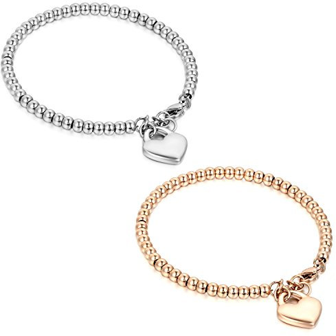 Flongo Partnerarmbänder Freundschaftsarmband, 2 Stück Edelstahl Armband Armreifen Armkette BFF Ketten Silber Rose Gold Kugel Kette Perle Perlen Herz Herzen Schloß Sperren Valentien Herren,Damen Set