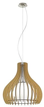 EGLO Pendelleuchte Tindori, 1 flammige Hängelampe Vintage, Hängeleuchte aus Stahl, Holz und Glas in Nickel-Matt, Ahorn, Weiß, Esstischlampe, Wohnzimmerlampe hängend mit E27 Fassung, Ø 50 cm