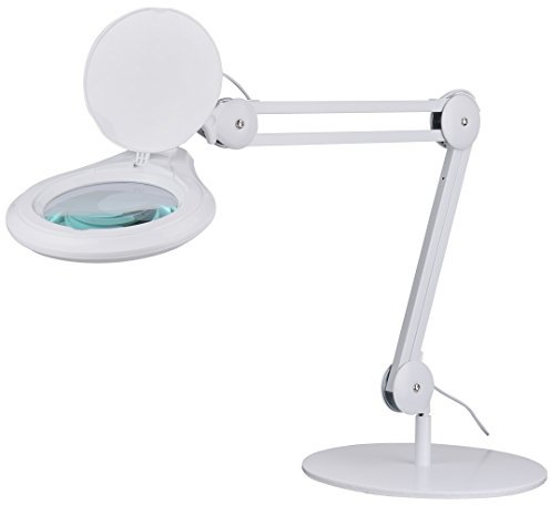 SEMPLIX LED Tischleuchte, 60 weiße LEDs, weiß, Große Echtglas Lupe (Ø 127 mm, 3 Dioptrien), Tischlampe mit flexibel verstellbarem Schwenkarm, 4-fach Dimmbar, Nählampe, Leselampe, Kosmetiklampe
