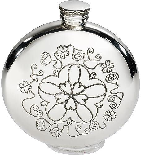 6 oz Étain Flasque Ronde avec Motif Yorkshire Rose Finition Polie Brillante Couvercle à pas de Vis
