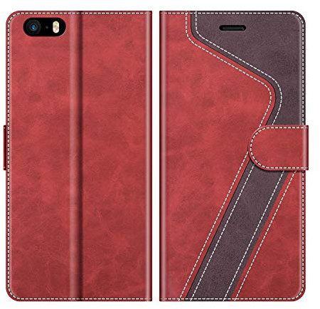 MOBESV Phone Cover For iPhone 5S, Flip Wallet Case for iPhone SE/5S/5 Phone Case, Red/Dark Purple(Not Fit New iPhone SE 2020)