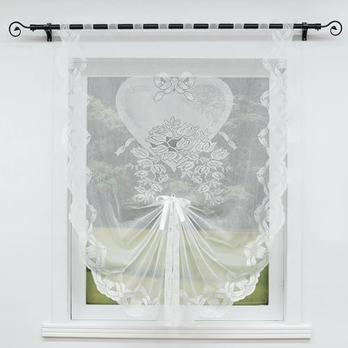 HeichkelL Spitze Scheibengardine Transparent Modern Raffgardine Schlaufen gardine ohne Bohren Weiß Herz Muster HöhexBreite 100x160cm
