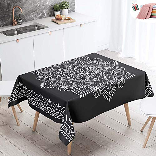 Morbuy Tischdecke Abwaschbar für Speisetisch, Wasserabweisend Abwischbar Lotuseffekt Quadrat Küchentischabdeckung Böhmen Drucken Tischtuch Pflegeleicht (140x220cm,Schwarze Blume)