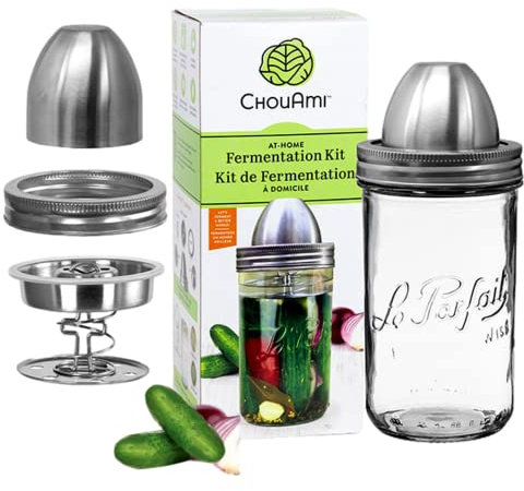 ChouAmi Fermentationsset aus Edelstahl mit Luftschleuse für die einfache Gärung von Sauerkraut in kleinen Mengen, Verwendung mit 1 l Le Parfait-Einmachglas aus Glas, inklusive Deckel (Kit-1L), 1, 1 EA