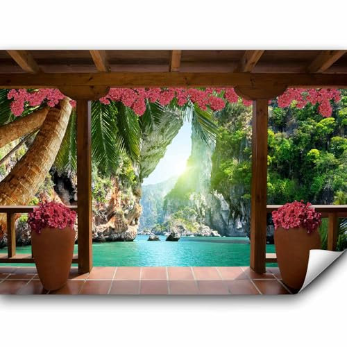 murando - Papier Peint Panoramique Adhésif Paysage 392x280 cm - Murale Autocollante Décoration - Marron gris blanc vert - Bois paysage fleurs nature palmiers plantes tropical c-C-0434-a-a