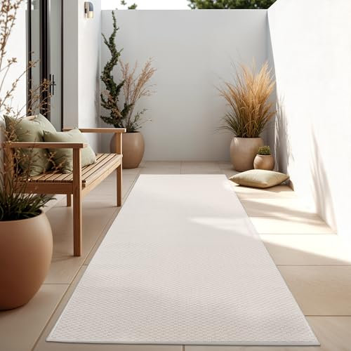 Paco Home Outdoor Teppich Flachgewebe Sisaloptik Modern Einfarbig meliert wetterfest & pflegeleicht Küchenteppich Ideal für Terrasse Balkon Garten, Grösse:80x250 cm, Farbe:Elfenbein