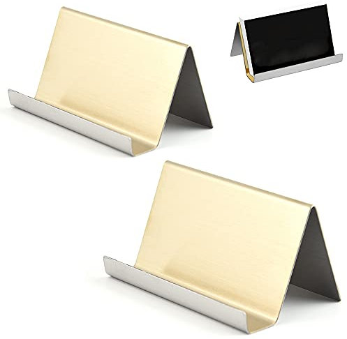 2 Stück Visitenkartenhalter aus Edelstahl, Visitenkartenhalter aus Metall, Schreibtisch Visitenkartenhalter, Desktop-Visitenkartenhalter, Geschäftskartenhalter für Office Desk(Champagnergold)