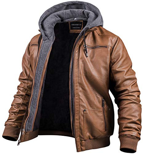 Men's Faux Leather Jacket Motorcycle Jacket Waterproof Windproof PU Moto Outerwear Vintage Bomber Hoodie with Removable Hood, Brown Light, XXXL