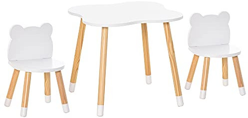 HOMCOM Juego de Mesa Infantil y 2 Sillas de Madera Muebles para Sala de Juego y Dormitorio de Niños Mesa 56x56x50 cm y Sillas 28x25x46 cm Natural y Blanco