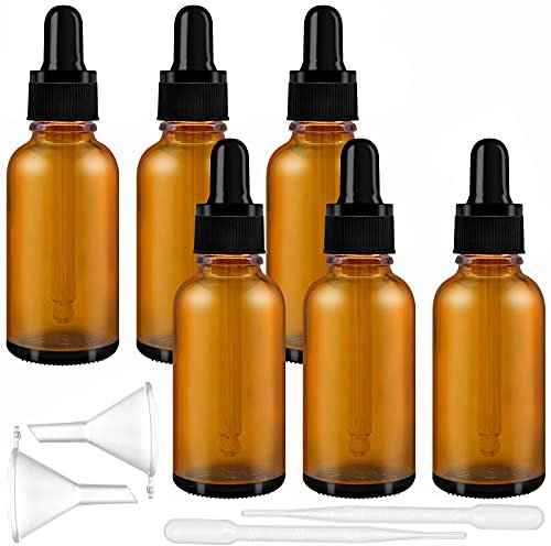 YHSWIN Glass Bottles for Essential Oils, 6Pcs 30ml Amber Glass Dropper Bottle Refillable Empty Glass Bottles Kits, for Essential Oil Skincare Eye/Ear Dropsy(Included 2 Droppers and 2 Funnel), Brown