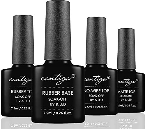 CONTIGO Rubber Base Coat + Rubber Top Coat + No Wipe Top Coat + Matte Top Coat Set Nail Art DIY Gellack Soak Off UV-LED 4 x 7ml