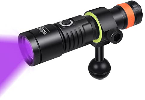 ORCATORCH D530V Scuba Diving Video Light with 395NM LED UV Light Blacklight, 70 Degrees Wide Beam Angle, Diving Photography Fluorescence Dive Torch for Underwater 150 Meters Diving
