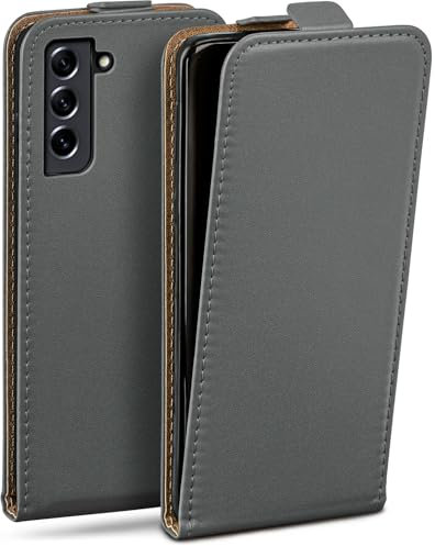 moex Flip Case für Samsung Galaxy S21 FE 5G Hülle klappbar mit 360 Grad Schutz, Handyhülle mit Displayschutz, PU Leder Handytasche Lederhülle, Flip Case Cover Klapphülle, Grau