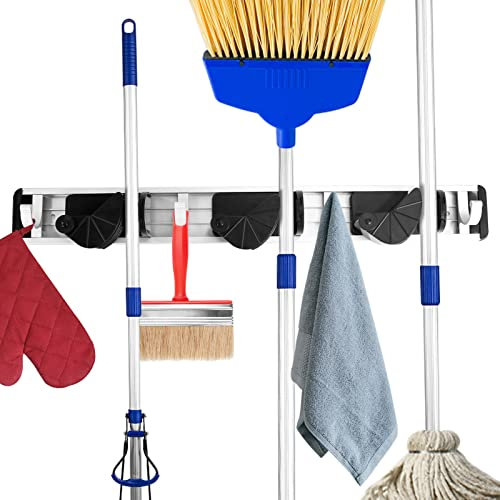 Sangle Sopffy Broom Holder Wall Mount - Tool Organizer Rack With 3 Positions and 4 Hooks - Anti-Slip Mop Organizer for Garage and Laundry Room Storage - 16.4 Inch (Black)