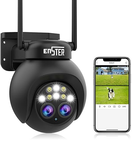 ENSTER 2K 4MP Überwachungskamera Aussen WLAN mit Dual-Objektiv, 8X Hybrid-Zoom mit WiFi PTZ IP Kamera Outdoor,Auto-Tracking,Farb-Nachtsicht, Alarm, IP66,2-Wege-Audio