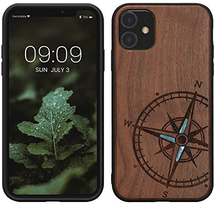 kwmobile Hülle kompatibel mit Apple iPhone 11 Hülle - Holz Case - Handy Cover - TPU Handyhülle in Dunkelbraun Vintage Kompass mit Perlmutt