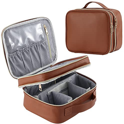 Joligrace Double Layer Makeup Bag Cosmetic Case Vanity Travel Beauty Box Make Up Train Case Hairdressing Tools Organiser with Adjustable Compartment, Brown