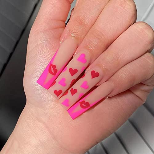 24Pcs Long Square Rhinestone Light Pink Heart Press on Nails for Women Girls,Cute Preppy Y2k False Nails,Long Coffin Fake Stick on Nails,Shiny Sparkly Wide Bed Nails with Adhesive Tab (lips pattern)