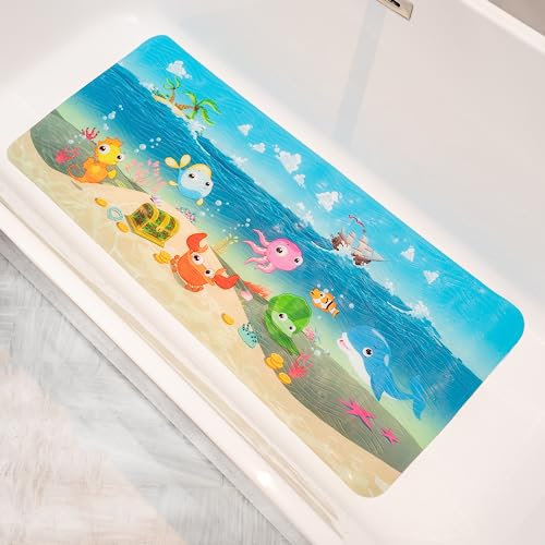 Cartoon-Wannenmatte: rutschfeste Kinder-Badematte, Babyfreundlich, 86x39cm - Lustiges & Sicheres Badeerlebnis für Kleinkinder in Badewanne & Dusche (Blauer Ozean.)