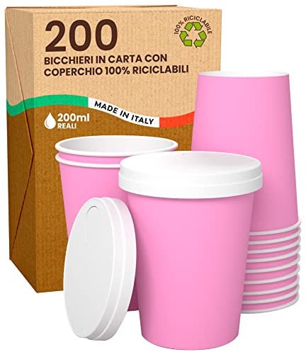 200 Coffee Cups Take Away in Pink Paper 200 ml With Lids for Hot and Cold Drinks - Tea, Infused Water - Ecological Biodegradable Colored Disposable Cups + 200 Lids With Spout
