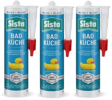 SISTA BAD KÜCHE weiß, Dichtstoff, schimmelresistent ausgestattetes, langlebiges Silikon für Küche und Bad, wasserdichter Fugenfüller, 3x280ml Kartusche