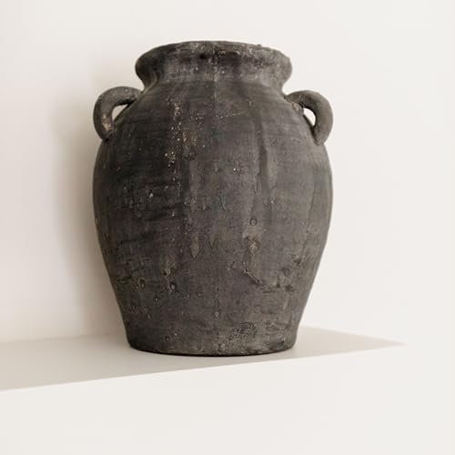 Mulberry Lane Co. Handmade Black Vase - 9.5'' Tall Terracotta Vase, Vintage vase, Black ceramic vase, Rustic Antique Decor with 3 Ear Design, Wide Mouth, Non-Slip Bottom, Matte Finish for Home Decor