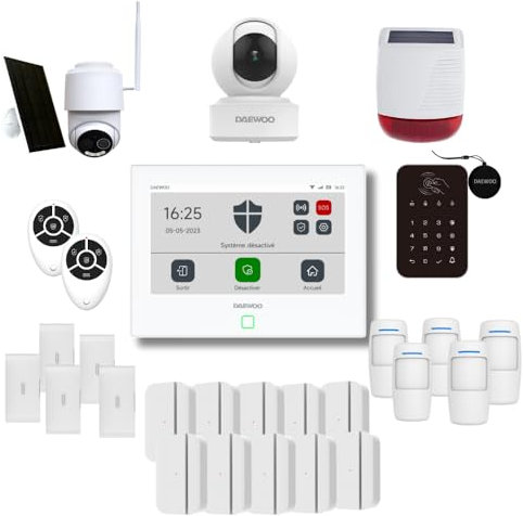 Daewoo Security - Pack de Alarma AM374, WiFi/gsm, Central de Pantalla táctil de 7 Pulgadas, 24 Accesorios, Sirena Solar, Viene con 2 cámaras Full HD Que Incluyen 1 Solar motorizada