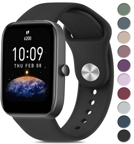 Cinturino per Amazfit Bip/Bip 3 /Bip 3 Pro Smartwatch, Largo 20 mm Cinturini in Silicone Originale Compatibile con Amazfit Bip S/Bip Lite/Bip U Pro Donna Uomo, Nero