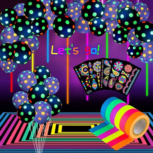 Luftballons Neon Party Dekoc Temporäre Tattoos Neon | 61 Stück Schwarzlicht Deko, Fluoreszierendes Klebeband Neon, Schwarzlicht Temporäre Tattoos, für Schwarzlichtparty Neonparty