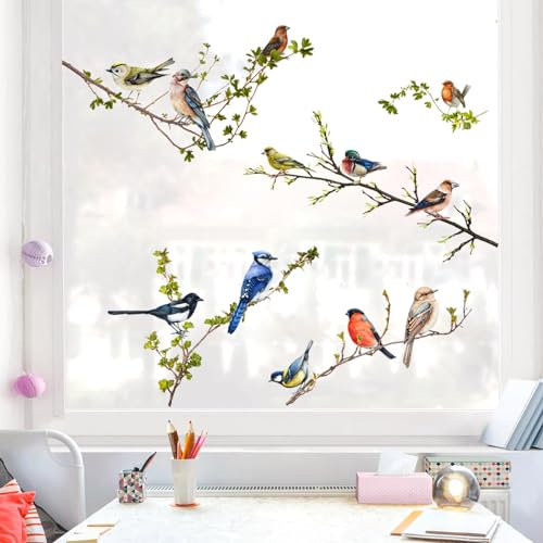 WandSticker4U®- Fensterbilder Sommer selbstklebend VÖGEL auf ÄSTEN (78x50 cm) I Fenstersticker Vögel Ast Fensteraufkleber Wohnzimmer Schlafzimmer Bad Küche Fensterdekoration wiederverwendbar