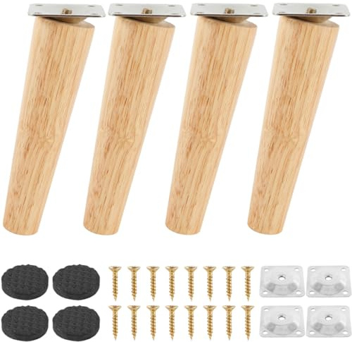 4pcs Pieds de Meuble en Bois, 15cm Pieds Inclinés avec Plaque de Montage Vis et Tapis antidérapant, Pieds de Meuble Bois de Rechange pour Lit, Armoire, Tables et Chaises
