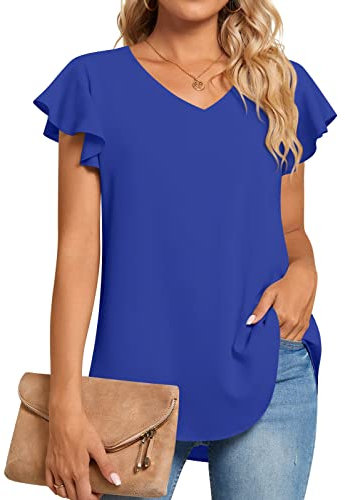 TAOHUADAO Womens Summer Casual Dressy Tops V-Neck Ruffle Short Sleeve Tunic Shirts Chiffon Comfy Blouse Large, Royal Blue