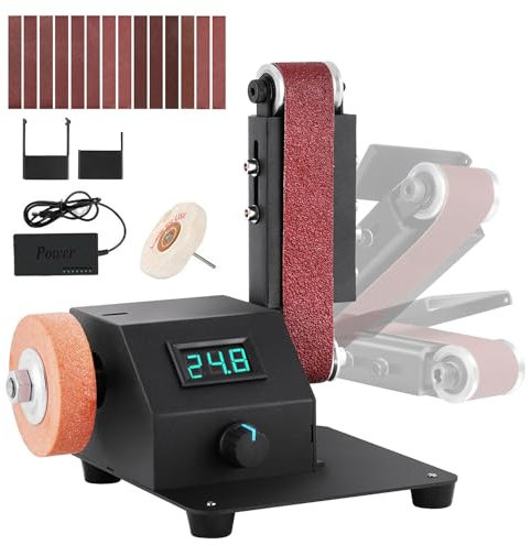 Levigatrice a Nastro Mini, Levigatrice Elettrica da 350W, Smerigliatrice a Nastro da 1.2x15 Pollici Fornita con 10 Nastri Abrasivi, Adatta per Levigare Utensili come Metallo Legno Alluminio Hobby